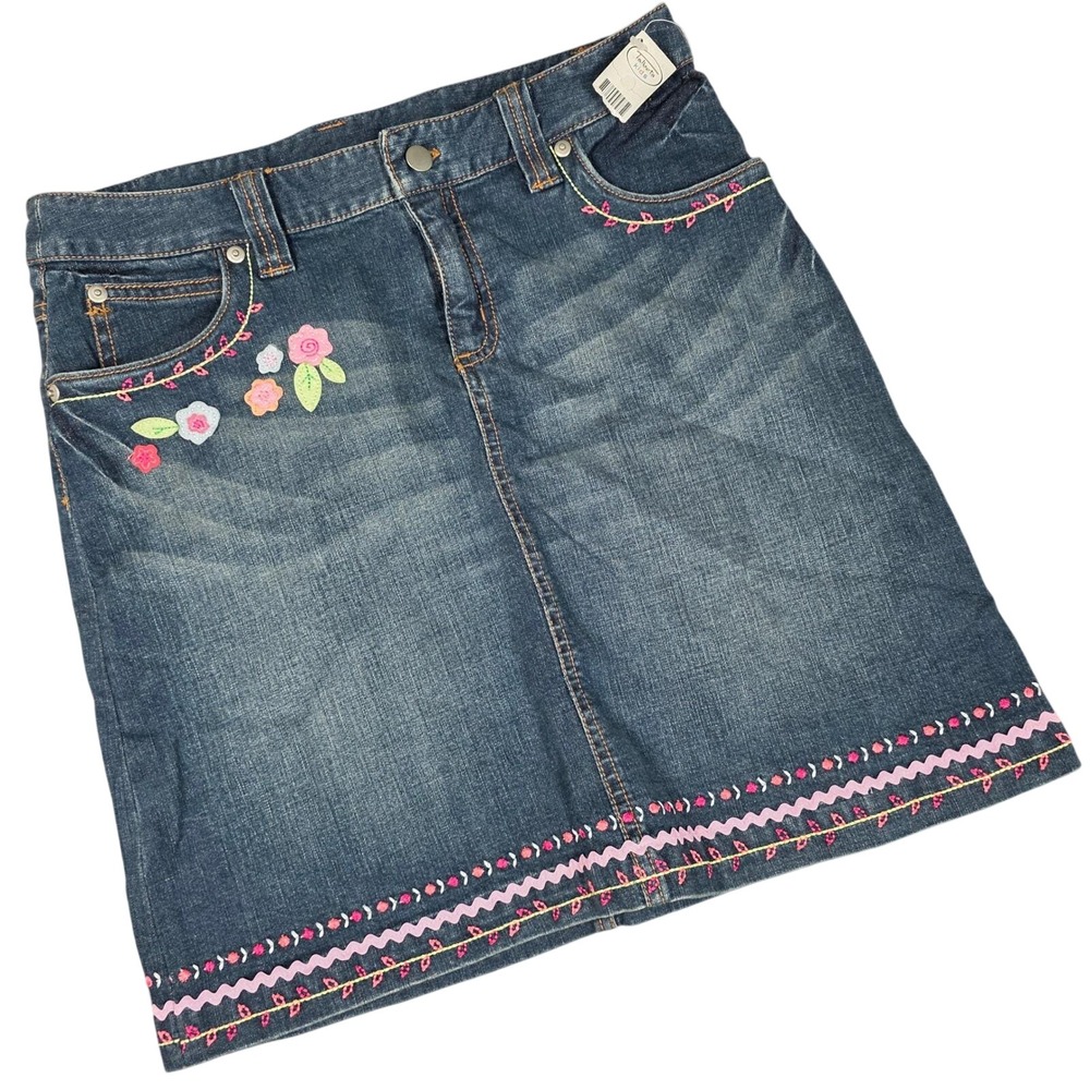 Vintage Talbots Denim Skirt Girls 16 Jean Floral Embroidered Ric-Rac Stretch NEW